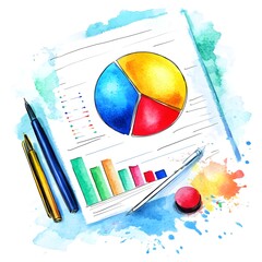 Poster - Watercolor Business Chart with Pens and Ink Splashes