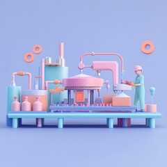 Poster - 3D Illustration of a Colorful Industrial Factory with a Worker