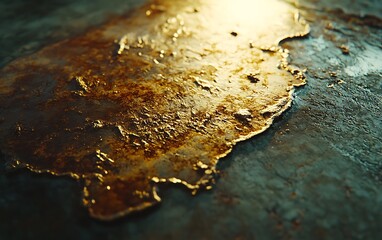 Aufkleber - A close-up view of a shiny, golden metallic surface reflecting light, exhibiting rich textures and patterns against a textured background.