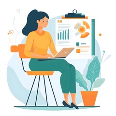 Poster - Woman Analyzing Data on Laptop and Presentation Board