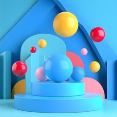 Poster - Colorful Abstract Shapes  3D Rendering  Blue Background  Minimalist Design