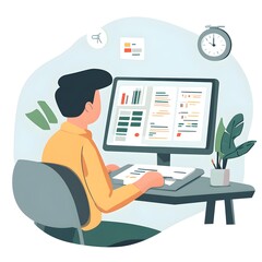 Poster - Man Working on Computer with Data and Charts