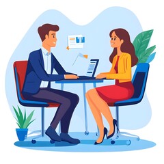 Poster - Business Meeting   Man and Woman in Office   Professional Discussion   Business Partners   Office Workers   Laptop   Teamwork   Corporate