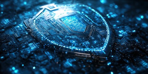 Poster - A Metallic Shield Embedded in a Circuit Board with Blue Glowing Lights