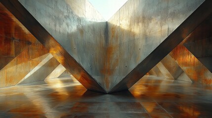 Aufkleber - Light pours into a striking modern interior that showcases angular concrete surfaces. The warm hues and reflections create a mesmerizing visual effect, enhancing the unique design.