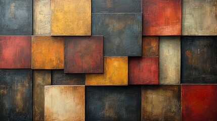 Poster - A striking arrangement of textured squares in various shades of red, orange, yellow, and gray creates a captivating focal point. The artwork enhances the contemporary decor.