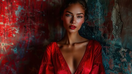 A fashion-inspired glamour portrait of a model in bold, high-fashion clothing, standing against a dark, dramatic backdrop. The contrast lighting and striking pose create a powerful and glamorous look.