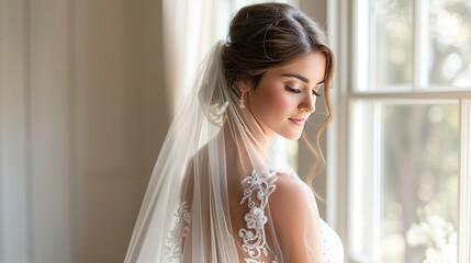 A glamorous indoor wedding portrait of the bride in her gown, standing in front of a large window with the light softly illuminating her veil and dress, creating a sense of elegance and grace.