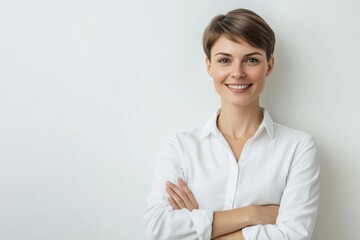 Wall Mural - A young woman with short brown hair smiles confidently with her arms crossed in front of a white background.