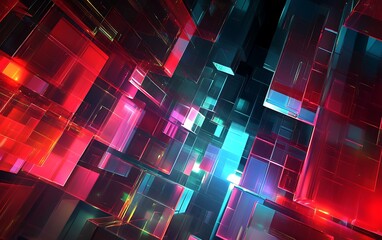 Fototapete - A vibrant, abstract digital landscape featuring illuminated cubes in red, blue, and turquoise hues, conveying a futuristic atmosphere.