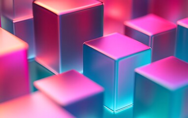 Poster - A vibrant composition of glowing, translucent cubes in hues of pink and blue, creating a captivating abstract visual effect.