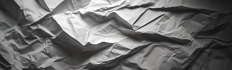 Fototapete - A close-up of crumpled paper, showcasing textured folds and shadows, creating a stark black-and-white visual contrast.