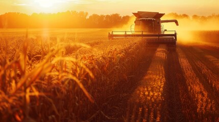 Canvas Print - Harvesting Wheat Field at Sunset