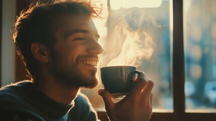 Man is drinking morning coffee