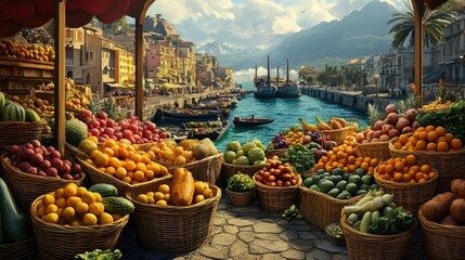 Poster - A vibrant market with baskets of fruits and vegetables set against a port backdrop, symbolizing abundance and trade.