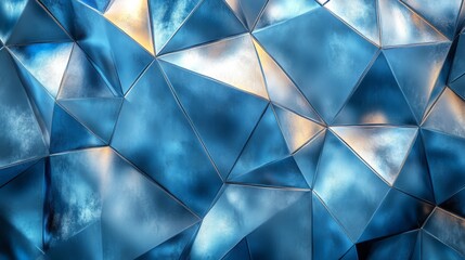 Poster - A complex arrangement of triangular reflective shapes creates a mesmerizing blue texture. The arrangement catches the light, highlighting its facets and depth.