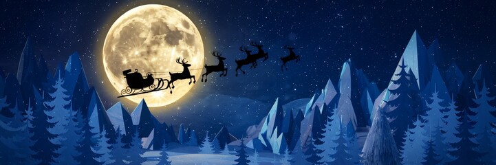 Wall Mural -  Santa's sleigh and reindeer are silhouetted against the moonlit sky. 