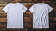 © whoopwhoops - Blank shirt mock up template, front and back view, plain white t-shirt with wood plank background. Tee design mockup presentation for print