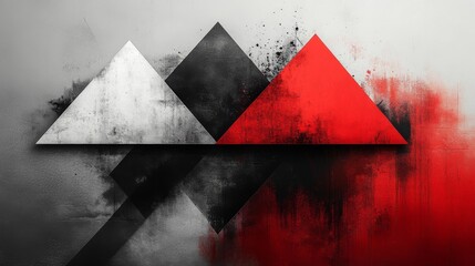 Fototapete - A striking abstract composition showcases three triangular shapes in red, black, and white, artistically arranged against a textured gray backdrop, creating a bold visual impact.