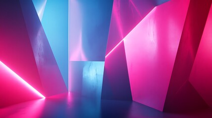 Poster - A vibrant blend of blue and pink geometric shapes illuminated with soft lighting, creating a modern and dynamic atmosphere.