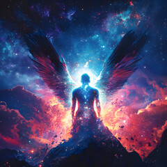 Wall Mural - a cosmic figure with radiant wings stands illuminated against the backdrop of a vibrant nebula, symb