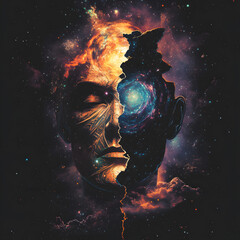 a surreal cosmic mask of a god split in two, revealing a swirling galaxy inside. the mask represents