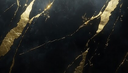 Aufkleber - A dark marble surface with striking golden veins, exhibiting a luxurious and elegant design perfect for interior decor.