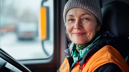 Smiling portrait of a senior female bus driver