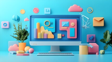 Poster - 3D Computer with Colorful Icons and Geometric Shapes