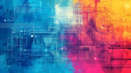 Poster - Abstract Digital Art with Geometric Shapes and Watercolor Textures