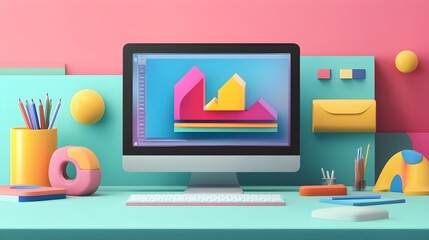 Poster - Colorful Desktop Computer with Geometric Shapes and Accessories