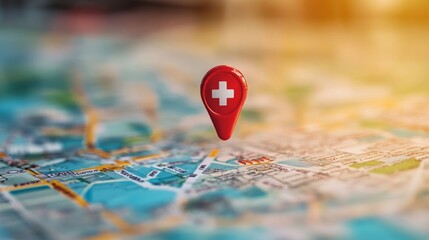 A close-up view of a map with multiple red location pins marked with a white cross symbol, suggesting points of interest or healthcare facilities.