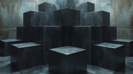 Aufkleber - A striking display of dark geometric cubes arranged in a pyramid shape, set against a textured industrial wall with soft lighting enhancing the atmosphere.
