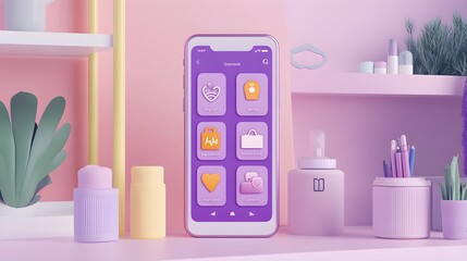 Poster - 3D Phone Mockup with App Icons  Pastel Pink and Purple Background