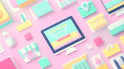 Poster - Pastel Color Computer Monitor with Shopping Cart Icon 3D Illustration