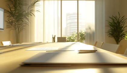 Aufkleber - A serene, sunlit meeting room featuring a long conference table, surrounded by plants and soft curtains, inviting collaboration and creativity.