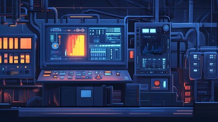 Poster - Futuristic Control Room with Neon Lights and Monitors