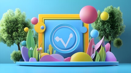 Poster - 3D Abstract Geometric Shapes with Trees and Flowers