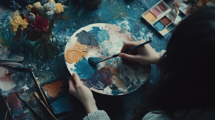 Artist Mixing Colors on Palette in Creative Workspace