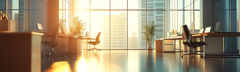 Poster - A bright, modern office space with large windows, reflecting sunlight and featuring desks, chairs, and indoor plants.