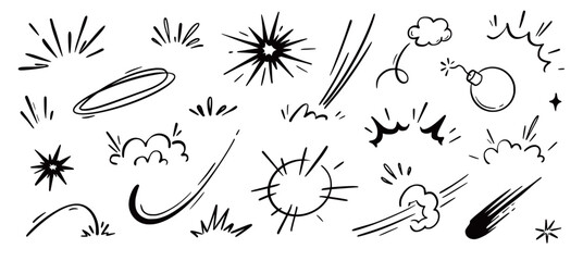 Comic cartoon boom speed effect, explosive motion line element set. Comic boom burst, explosive smoke, line speed cartoon vector icon. Hand drawn sketch doodle action effect. Vector illustration..