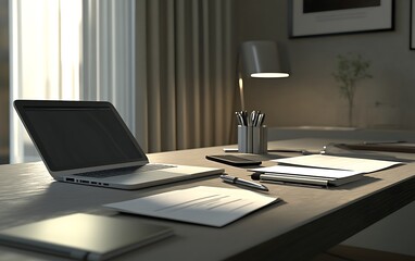 Poster - A modern workspace featuring a laptop, stationery, and soft lighting, creating a calm and productive atmosphere.
