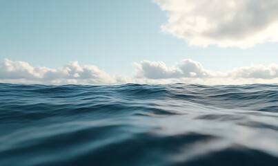 Poster - A tranquil seascape with gentle waves and fluffy clouds reflecting the calm blue sky, evoking a sense of peace and serenity.