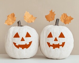 Wall Mural - Eco-Friendly Halloween Decorations with White Pumpkins and Autumn Leaves