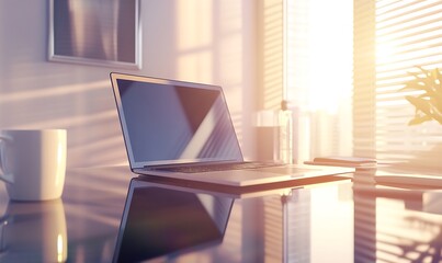 Poster - A glowing workspace with a laptop, coffee cup, and natural light creating a serene atmosphere.