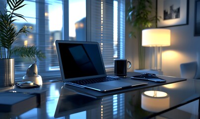 Poster - A modern workspace featuring a laptop, coffee cup, and plants, with soft lighting and views of a city skyline through a window.