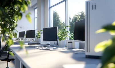 Aufkleber - A bright, modern office workspace featuring computers, greenery, and large windows, creating a fresh and inviting atmosphere.