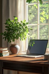 Poster - A cozy workspace featuring a laptop, a potted plant, and books beside a sunlit window, creating a refreshing and inviting atmosphere.