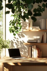 Leinwandbilder - A serene workspace featuring a laptop, books, and greenery, illuminated by natural light filtering through a window.