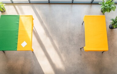 Aufkleber - Aerial View of Colorful Tables in Bright Indoor Space with Sunlit Reflection
